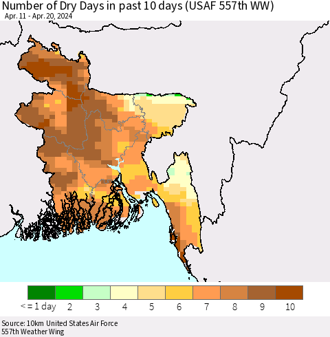 Bangladesh Number of Dry Days in past 10 days (USAF 557th WW) Thematic Map For 4/16/2024 - 4/20/2024
