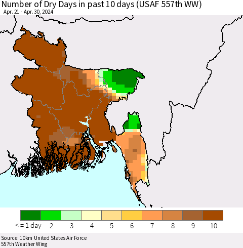 Bangladesh Number of Dry Days in past 10 days (USAF 557th WW) Thematic Map For 4/26/2024 - 4/30/2024