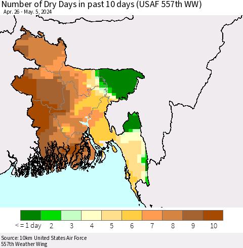 Bangladesh Number of Dry Days in past 10 days (USAF 557th WW) Thematic Map For 5/1/2024 - 5/5/2024