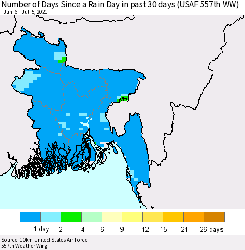 Bangladesh Number of Days Since a Rain Day in past 30 days (USAF 557th WW) Thematic Map For 7/1/2021 - 7/5/2021