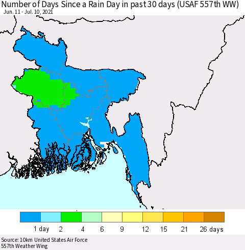 Bangladesh Number of Days Since a Rain Day in past 30 days (USAF 557th WW) Thematic Map For 7/6/2021 - 7/10/2021