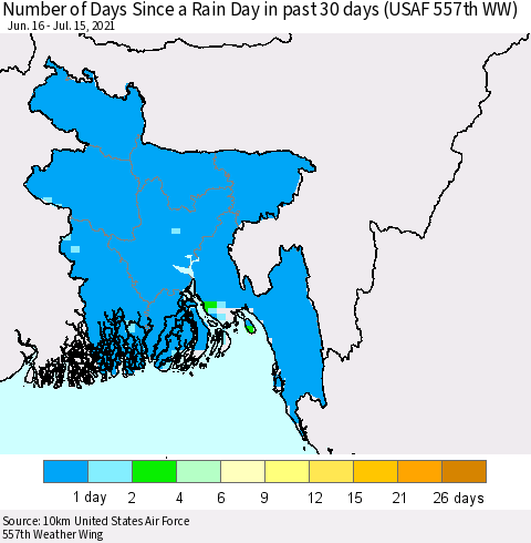 Bangladesh Number of Days Since a Rain Day in past 30 days (USAF 557th WW) Thematic Map For 7/11/2021 - 7/15/2021