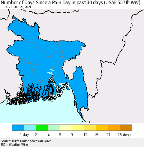 Bangladesh Number of Days Since a Rain Day in past 30 days (USAF 557th WW) Thematic Map For 7/16/2021 - 7/20/2021