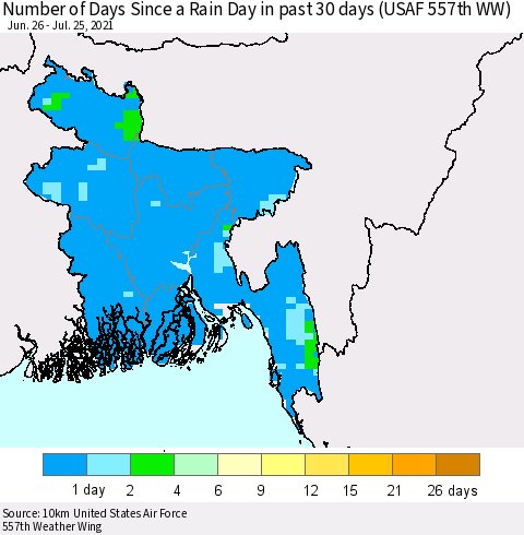 Bangladesh Number of Days Since a Rain Day in past 30 days (USAF 557th WW) Thematic Map For 7/21/2021 - 7/25/2021
