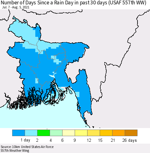 Bangladesh Number of Days Since a Rain Day in past 30 days (USAF 557th WW) Thematic Map For 8/1/2021 - 8/5/2021