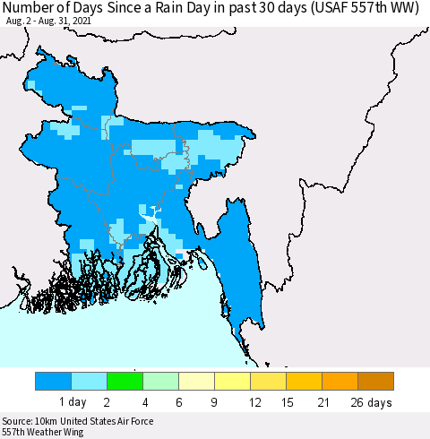 Bangladesh Number of Days Since a Rain Day in past 30 days (USAF 557th WW) Thematic Map For 8/26/2021 - 8/31/2021