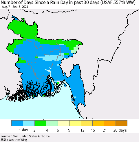 Bangladesh Number of Days Since a Rain Day in past 30 days (USAF 557th WW) Thematic Map For 9/1/2021 - 9/5/2021