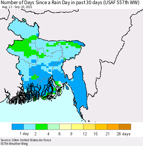 Bangladesh Number of Days Since a Rain Day in past 30 days (USAF 557th WW) Thematic Map For 9/6/2021 - 9/10/2021