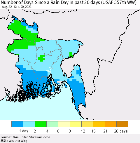 Bangladesh Number of Days Since a Rain Day in past 30 days (USAF 557th WW) Thematic Map For 9/16/2021 - 9/20/2021
