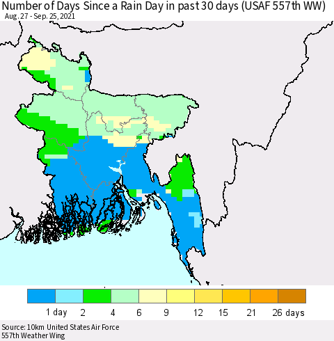 Bangladesh Number of Days Since a Rain Day in past 30 days (USAF 557th WW) Thematic Map For 9/21/2021 - 9/25/2021