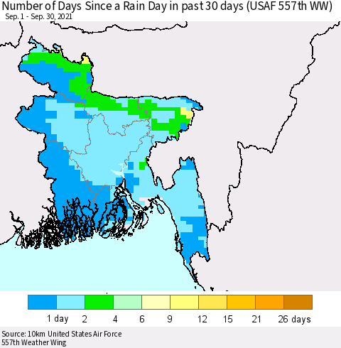Bangladesh Number of Days Since a Rain Day in past 30 days (USAF 557th WW) Thematic Map For 9/26/2021 - 9/30/2021