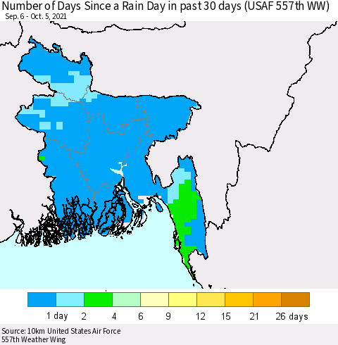 Bangladesh Number of Days Since a Rain Day in past 30 days (USAF 557th WW) Thematic Map For 10/1/2021 - 10/5/2021