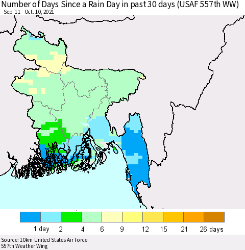 Bangladesh Number of Days Since a Rain Day in past 30 days (USAF 557th WW) Thematic Map For 10/6/2021 - 10/10/2021