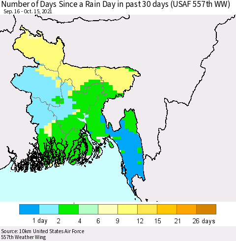 Bangladesh Number of Days Since a Rain Day in past 30 days (USAF 557th WW) Thematic Map For 10/11/2021 - 10/15/2021
