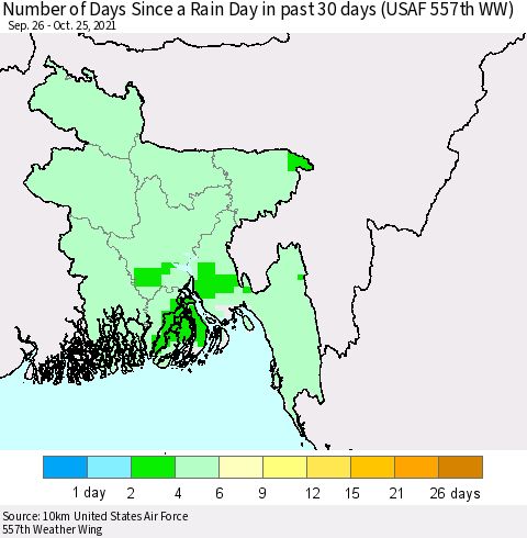 Bangladesh Number of Days Since a Rain Day in past 30 days (USAF 557th WW) Thematic Map For 10/21/2021 - 10/25/2021