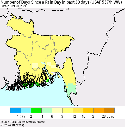 Bangladesh Number of Days Since a Rain Day in past 30 days (USAF 557th WW) Thematic Map For 10/26/2021 - 10/31/2021
