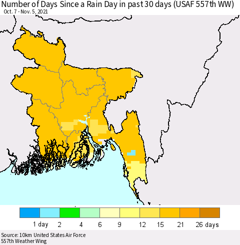Bangladesh Number of Days Since a Rain Day in past 30 days (USAF 557th WW) Thematic Map For 11/1/2021 - 11/5/2021
