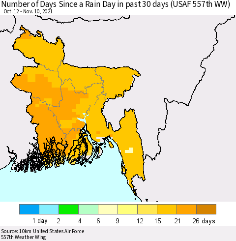 Bangladesh Number of Days Since a Rain Day in past 30 days (USAF 557th WW) Thematic Map For 11/6/2021 - 11/10/2021