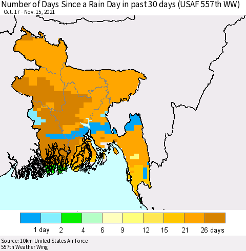 Bangladesh Number of Days Since a Rain Day in past 30 days (USAF 557th WW) Thematic Map For 11/11/2021 - 11/15/2021