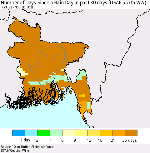 Bangladesh Number of Days Since a Rain Day in past 30 days (USAF 557th WW) Thematic Map For 11/16/2021 - 11/20/2021