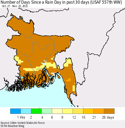 Bangladesh Number of Days Since a Rain Day in past 30 days (USAF 557th WW) Thematic Map For 11/21/2021 - 11/25/2021
