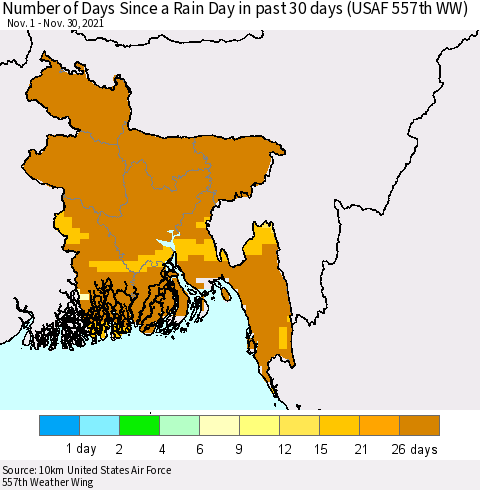 Bangladesh Number of Days Since a Rain Day in past 30 days (USAF 557th WW) Thematic Map For 11/26/2021 - 11/30/2021