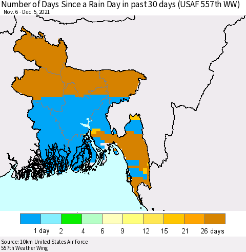 Bangladesh Number of Days Since a Rain Day in past 30 days (USAF 557th WW) Thematic Map For 12/1/2021 - 12/5/2021