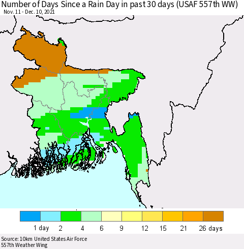 Bangladesh Number of Days Since a Rain Day in past 30 days (USAF 557th WW) Thematic Map For 12/6/2021 - 12/10/2021