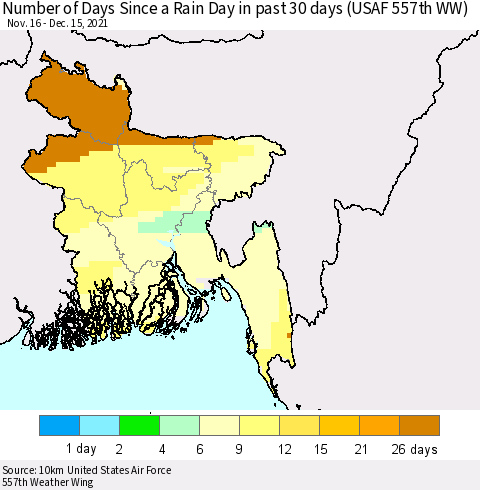 Bangladesh Number of Days Since a Rain Day in past 30 days (USAF 557th WW) Thematic Map For 12/11/2021 - 12/15/2021