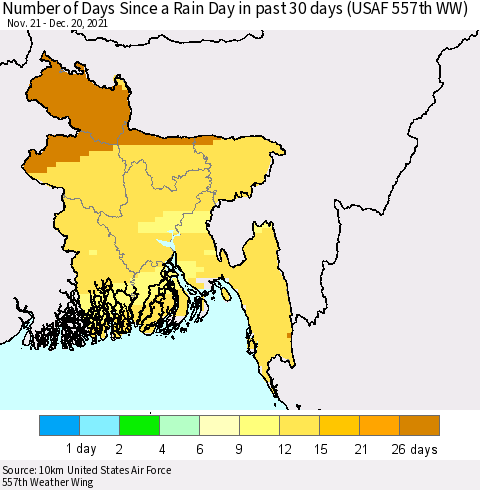 Bangladesh Number of Days Since a Rain Day in past 30 days (USAF 557th WW) Thematic Map For 12/16/2021 - 12/20/2021