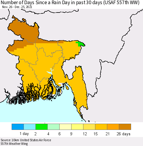 Bangladesh Number of Days Since a Rain Day in past 30 days (USAF 557th WW) Thematic Map For 12/21/2021 - 12/25/2021