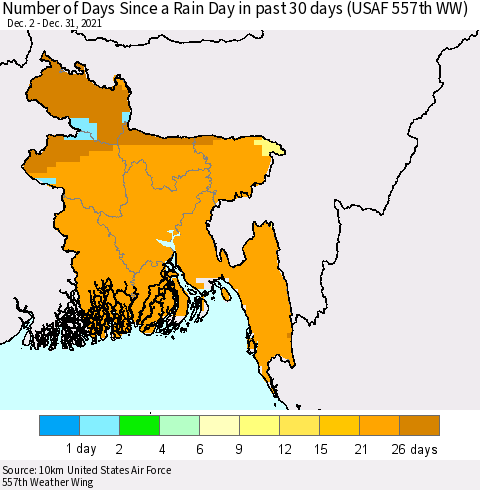 Bangladesh Number of Days Since a Rain Day in past 30 days (USAF 557th WW) Thematic Map For 12/26/2021 - 12/31/2021