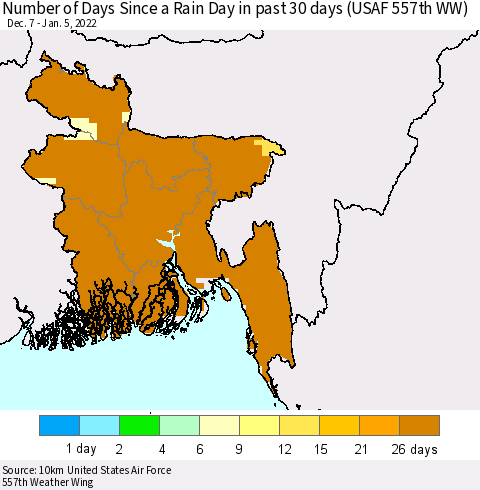 Bangladesh Number of Days Since a Rain Day in past 30 days (USAF 557th WW) Thematic Map For 1/1/2022 - 1/5/2022