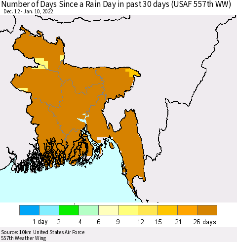 Bangladesh Number of Days Since a Rain Day in past 30 days (USAF 557th WW) Thematic Map For 1/6/2022 - 1/10/2022