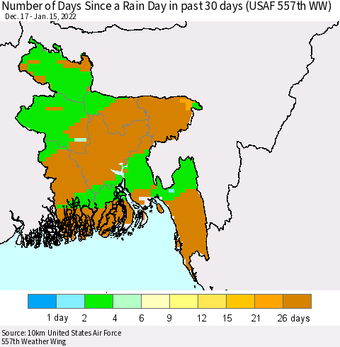 Bangladesh Number of Days Since a Rain Day in past 30 days (USAF 557th WW) Thematic Map For 1/11/2022 - 1/15/2022