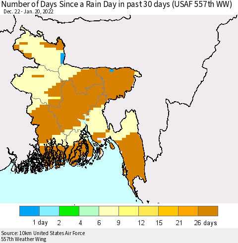 Bangladesh Number of Days Since a Rain Day in past 30 days (USAF 557th WW) Thematic Map For 1/16/2022 - 1/20/2022