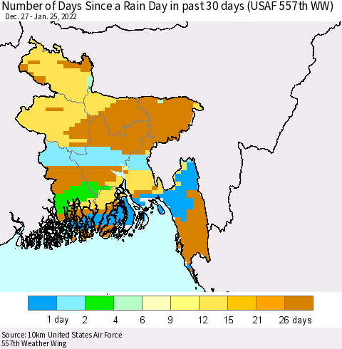 Bangladesh Number of Days Since a Rain Day in past 30 days (USAF 557th WW) Thematic Map For 1/21/2022 - 1/25/2022