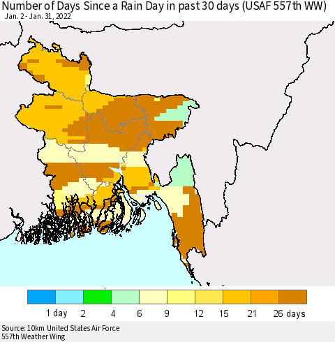 Bangladesh Number of Days Since a Rain Day in past 30 days (USAF 557th WW) Thematic Map For 1/26/2022 - 1/31/2022
