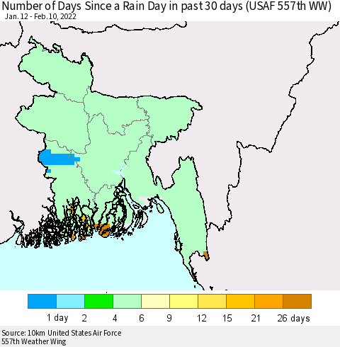 Bangladesh Number of Days Since a Rain Day in past 30 days (USAF 557th WW) Thematic Map For 2/6/2022 - 2/10/2022