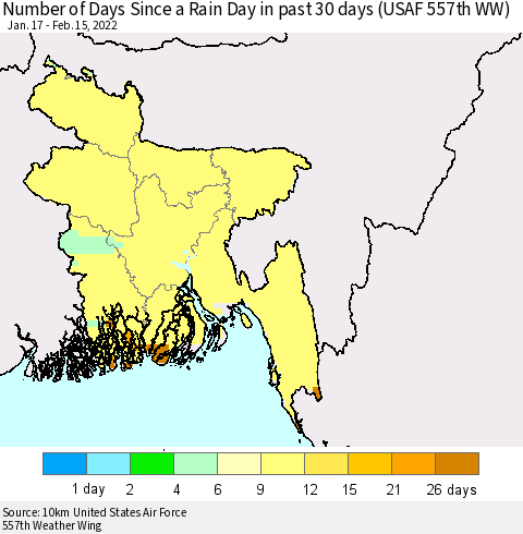 Bangladesh Number of Days Since a Rain Day in past 30 days (USAF 557th WW) Thematic Map For 2/11/2022 - 2/15/2022