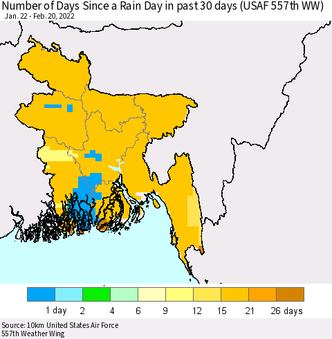 Bangladesh Number of Days Since a Rain Day in past 30 days (USAF 557th WW) Thematic Map For 2/16/2022 - 2/20/2022