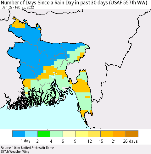 Bangladesh Number of Days Since a Rain Day in past 30 days (USAF 557th WW) Thematic Map For 2/21/2022 - 2/25/2022