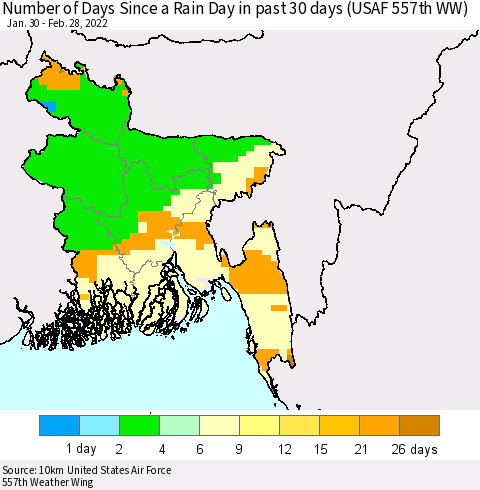 Bangladesh Number of Days Since a Rain Day in past 30 days (USAF 557th WW) Thematic Map For 2/26/2022 - 2/28/2022