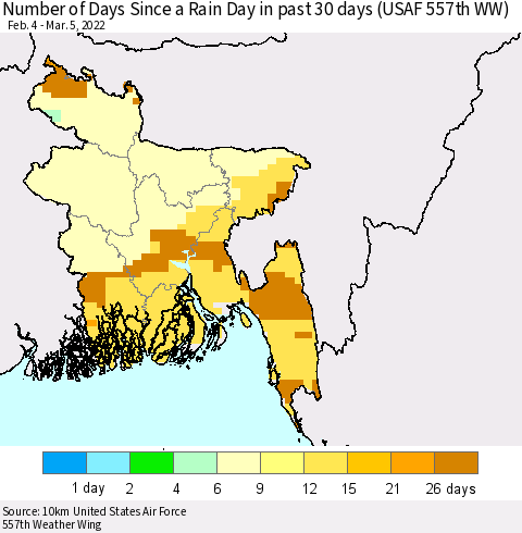 Bangladesh Number of Days Since a Rain Day in past 30 days (USAF 557th WW) Thematic Map For 3/1/2022 - 3/5/2022