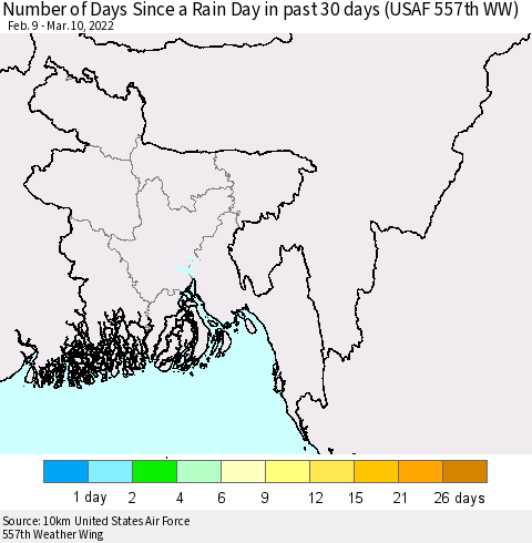 Bangladesh Number of Days Since a Rain Day in past 30 days (USAF 557th WW) Thematic Map For 3/6/2022 - 3/10/2022