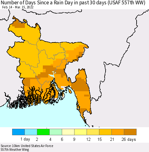 Bangladesh Number of Days Since a Rain Day in past 30 days (USAF 557th WW) Thematic Map For 3/11/2022 - 3/15/2022