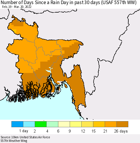 Bangladesh Number of Days Since a Rain Day in past 30 days (USAF 557th WW) Thematic Map For 3/16/2022 - 3/20/2022