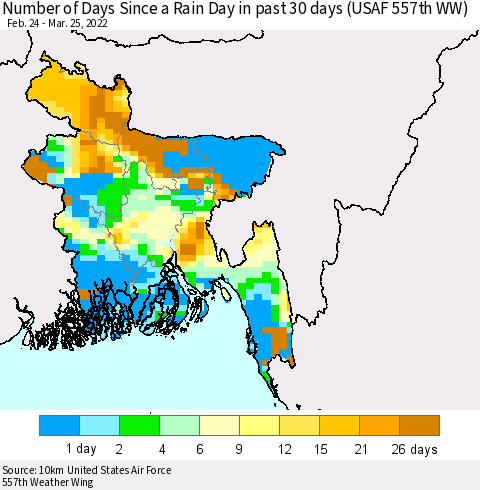 Bangladesh Number of Days Since a Rain Day in past 30 days (USAF 557th WW) Thematic Map For 3/21/2022 - 3/25/2022