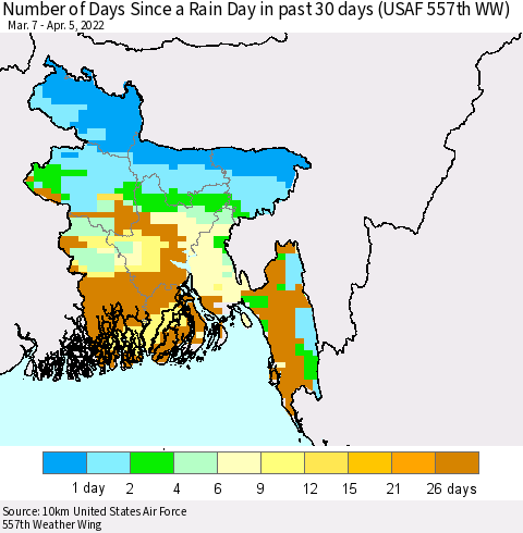 Bangladesh Number of Days Since a Rain Day in past 30 days (USAF 557th WW) Thematic Map For 4/1/2022 - 4/5/2022
