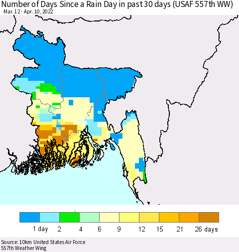 Bangladesh Number of Days Since a Rain Day in past 30 days (USAF 557th WW) Thematic Map For 4/6/2022 - 4/10/2022